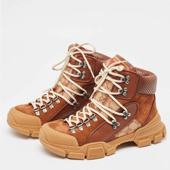 GUCCI GG Monogram Canvas Suede Flashtrek Hiking Boot Tan Brown Sz 10.5